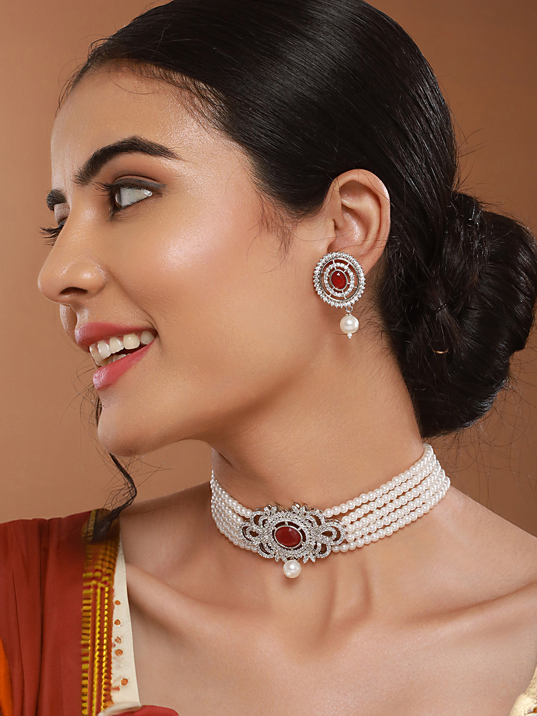 Silver Toned Red Ruby Studded Pearl Beaded Choker Jewellery Set